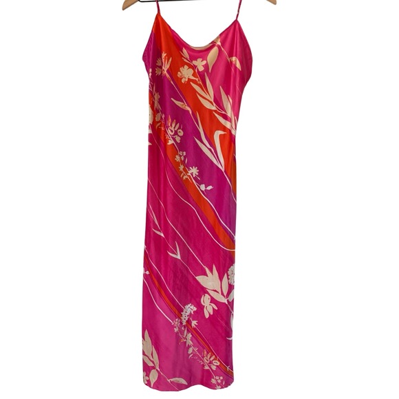 Natori Pink Orange Floral Diagonal Stripe Bias Cut Slip Midi Dress Womens Small - Picture 2 of 7